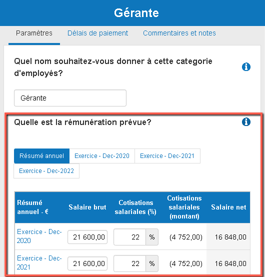saisie des données annuelles pour les dépenses salariales du manager