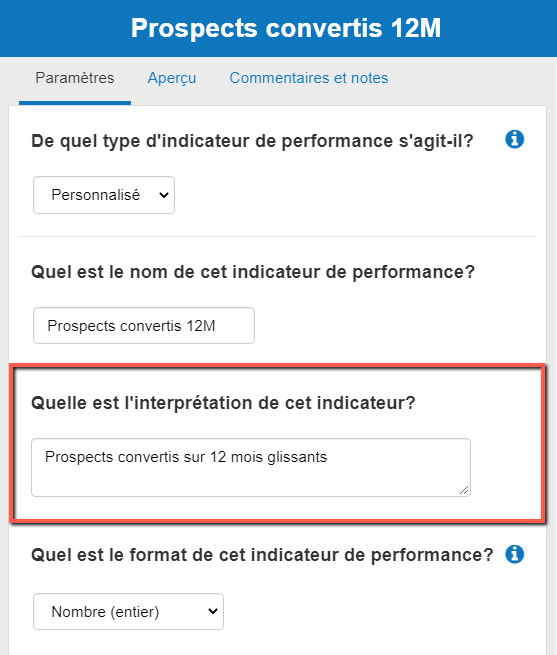  modifier la description des indicateurs de clés de performance dans The Business Plan Shop