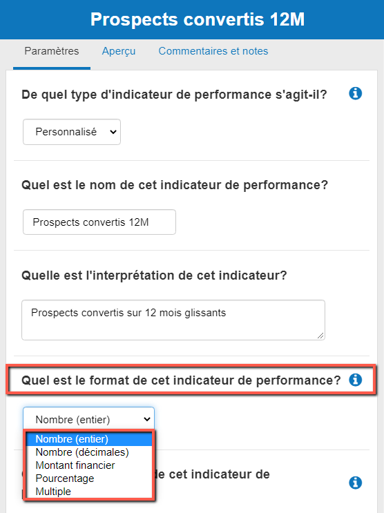  dDéterminer le format numérique de l'indicateur clé de performance dans The Business Plan Shop.