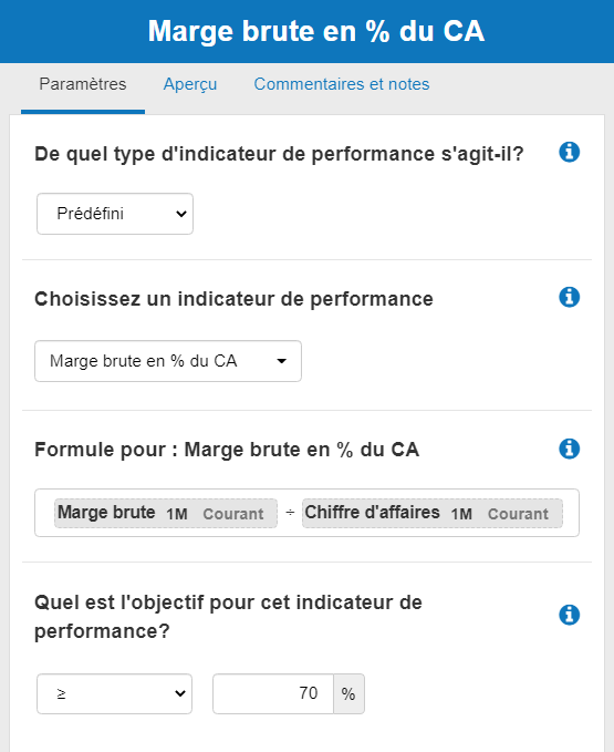 éditer un indicateur de performance dans The Business Plan Shop