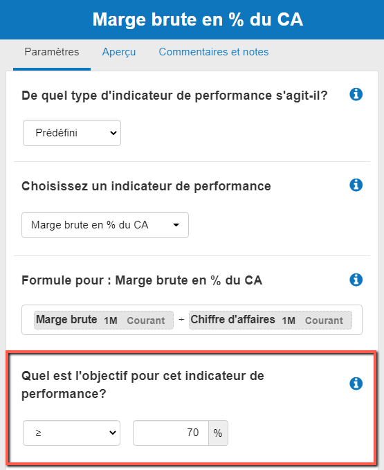 fixer un objectif pour mes indicateurs clés de performance dans The Business Plan Shop