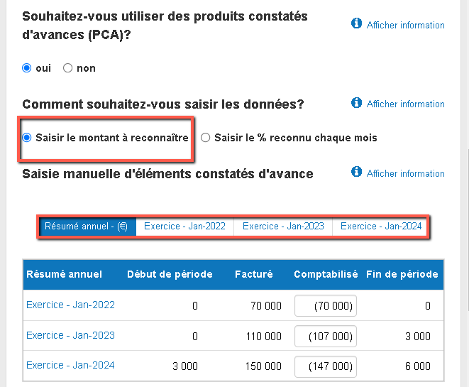saisie du montant comptabilisé d'un PCA