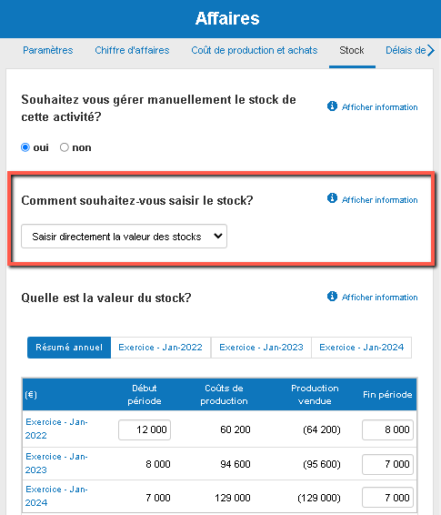 saisir directement la valeur du stock