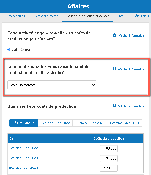 calculer les coûts de production en saisissant le montant directement