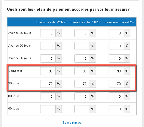 saisir les conditions de paiement convenues avec les fournisseurs