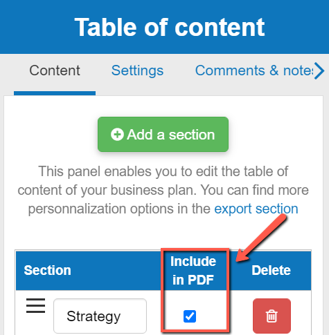  excluding a section from my business plan in the business plan shop