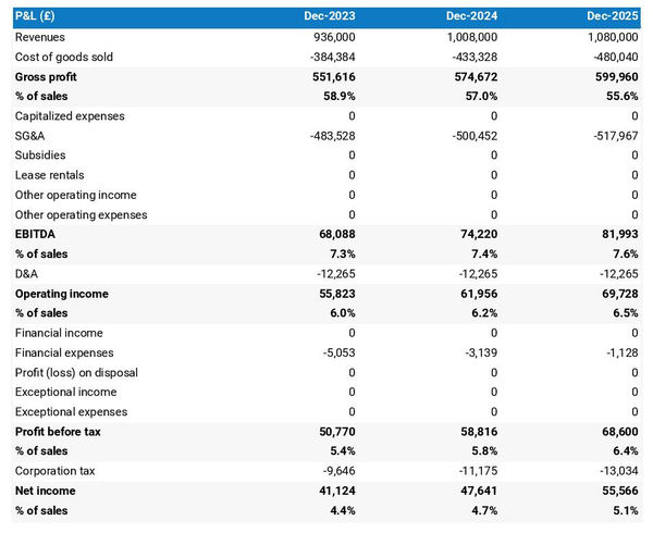 projected lighting equipment store startup income statement