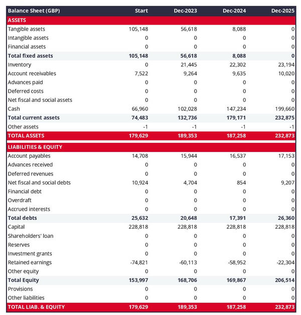 example of running equipment store startup projected balance sheet