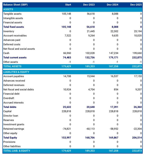 example of diving equipment store startup projected balance sheet