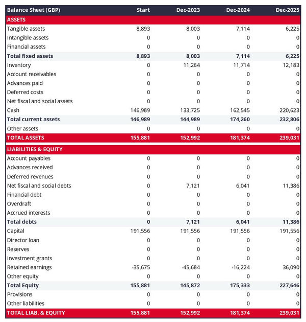 example of fibre optic cable manufacturing business startup projected balance sheet