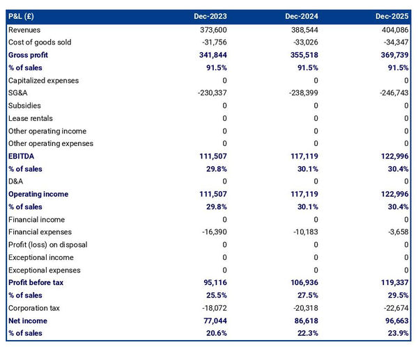 projected profit and loss statement for opening a resort