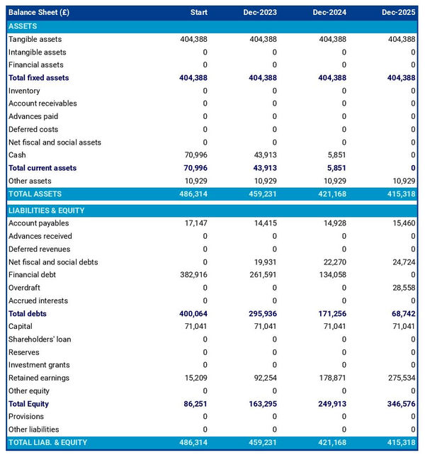 example of resort startup projected balance sheet