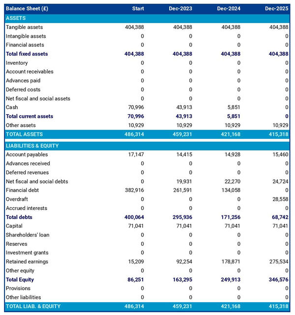 example of resort startup projected balance sheet