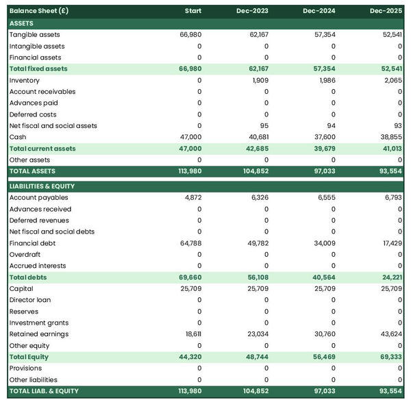 example of fish and chips shop startup projected balance sheet