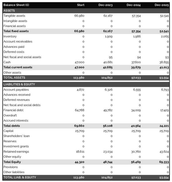 example of seafood restaurant startup projected balance sheet