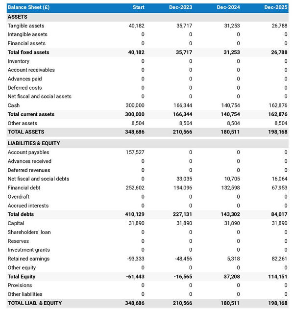 example of ready-made meal manufacturing business startup projected balance sheet