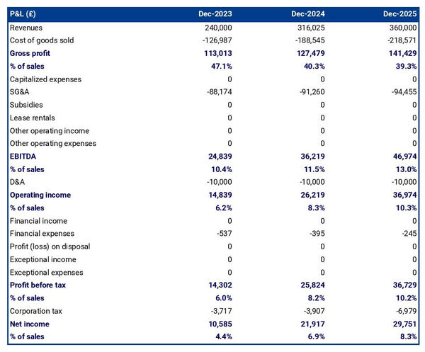 projected profit and loss statement for opening an aircraft equipment manufacturing business 