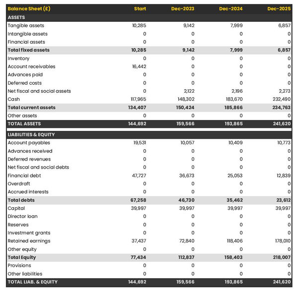 example of tutoring firm startup projected balance sheet