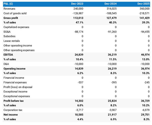 projected bicycle accessories manufacturing business startup income statement
