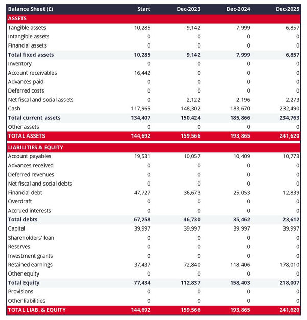 example of personal training company startup projected balance sheet