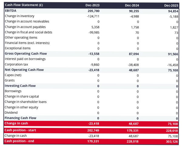 cash flow projection example to launch a cricket bat manufacturing business