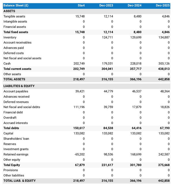 example of bow and crossbow manufacturing business startup projected balance sheet