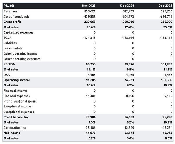 projected profit and loss statement for opening a sports goods manufacturing business 