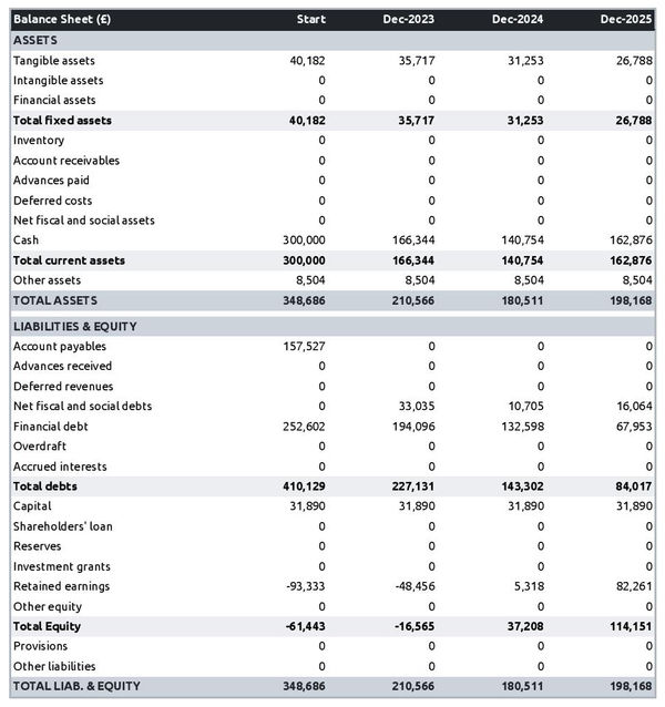 example of sports goods manufacturing business startup projected balance sheet