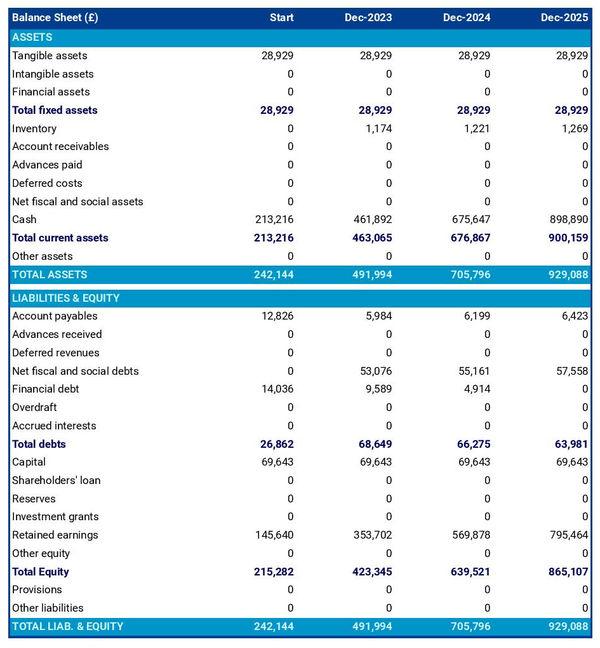 example of spa and wellness centre startup projected balance sheet