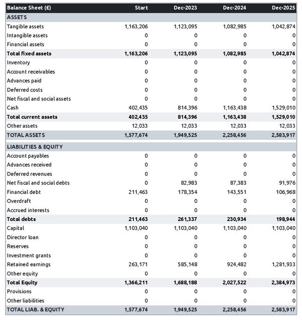 example of guitar manufacturing business startup projected balance sheet