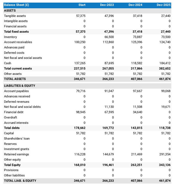 example of textile machinery wholesaler startup projected balance sheet