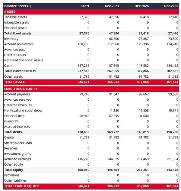 example of import-export company startup projected balance sheet