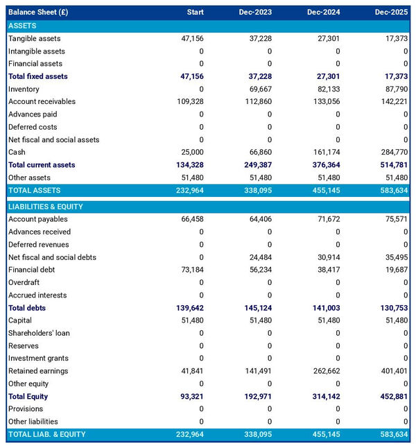 example of milk and dairy products wholesaler startup projected balance sheet