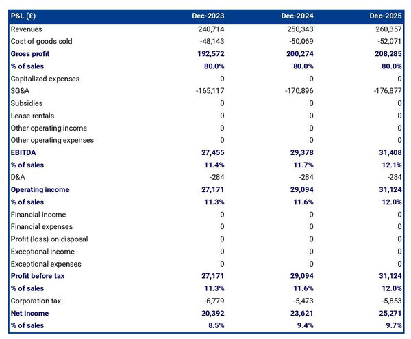 projected horse transport company startup income statement