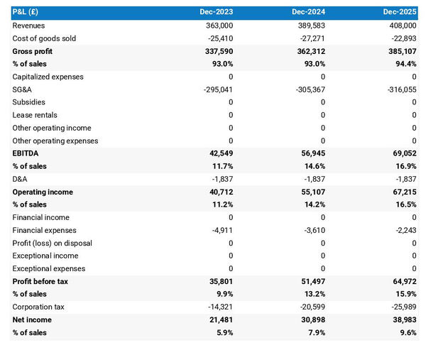 example of projected income statement for starting a software development company