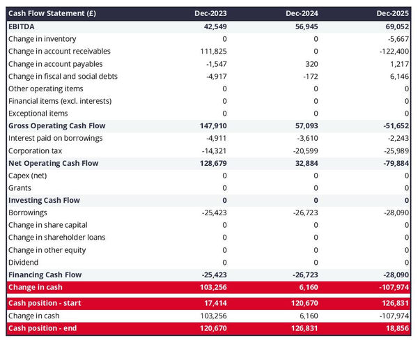 web portal company cash flow projection example