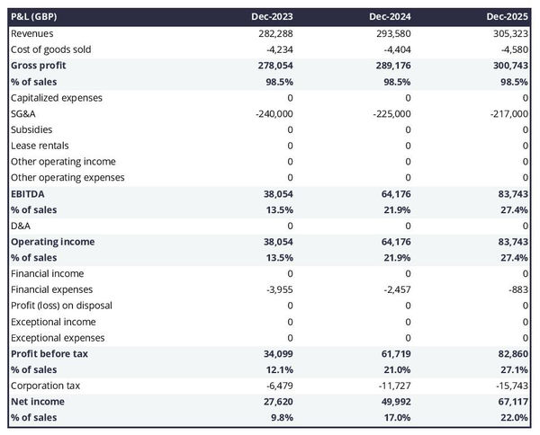 projected profit and loss statement for opening an influencer marketing agency 