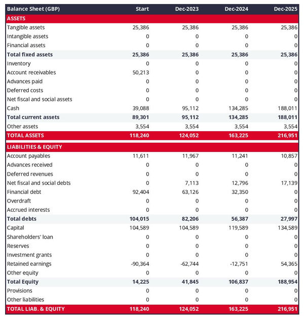 example of influencer marketing agency startup projected balance sheet