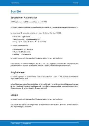 Présentation de l'entreprise et des associés fondateurs dans notre modèle de business plan de site e-commerce