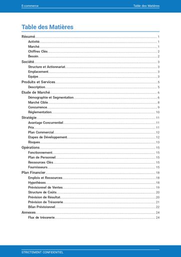page de couverture et table des matières du modèle de business plan pour site e-commerce de The Business Plan Shop