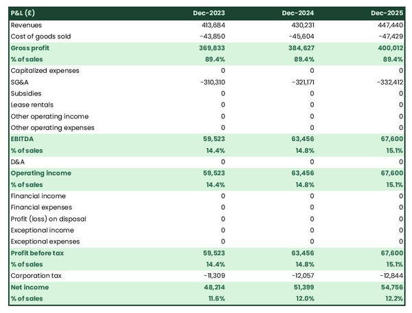 projected profit and loss statement for opening a cartography and GIS company
