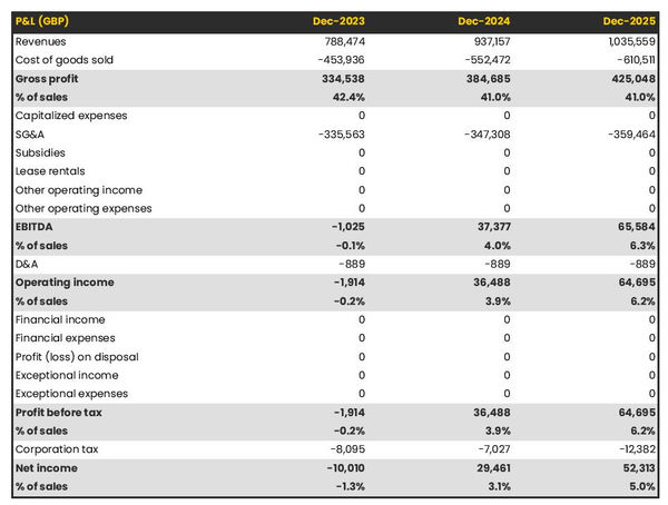 projected failure analysis laboratory startup income statement