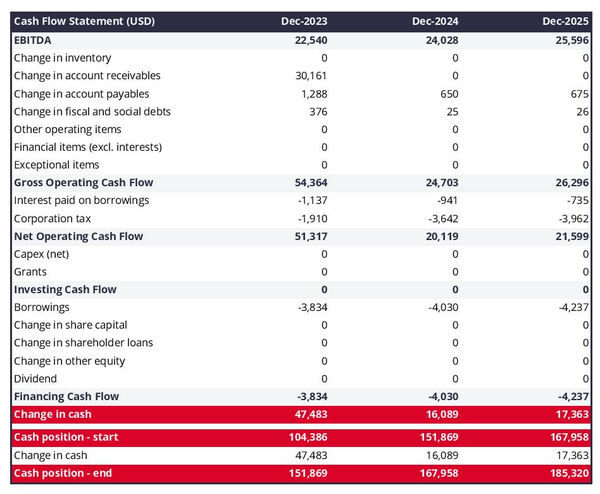 RV rental company startup projected cash flow statement