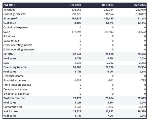 projected profit and loss statement for opening an RV rental company