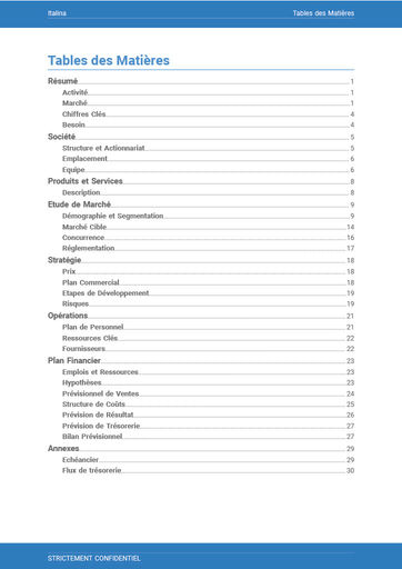 exemple de table des matières pour un business plan