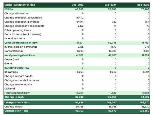 tree climbing company startup projected cash flow statement