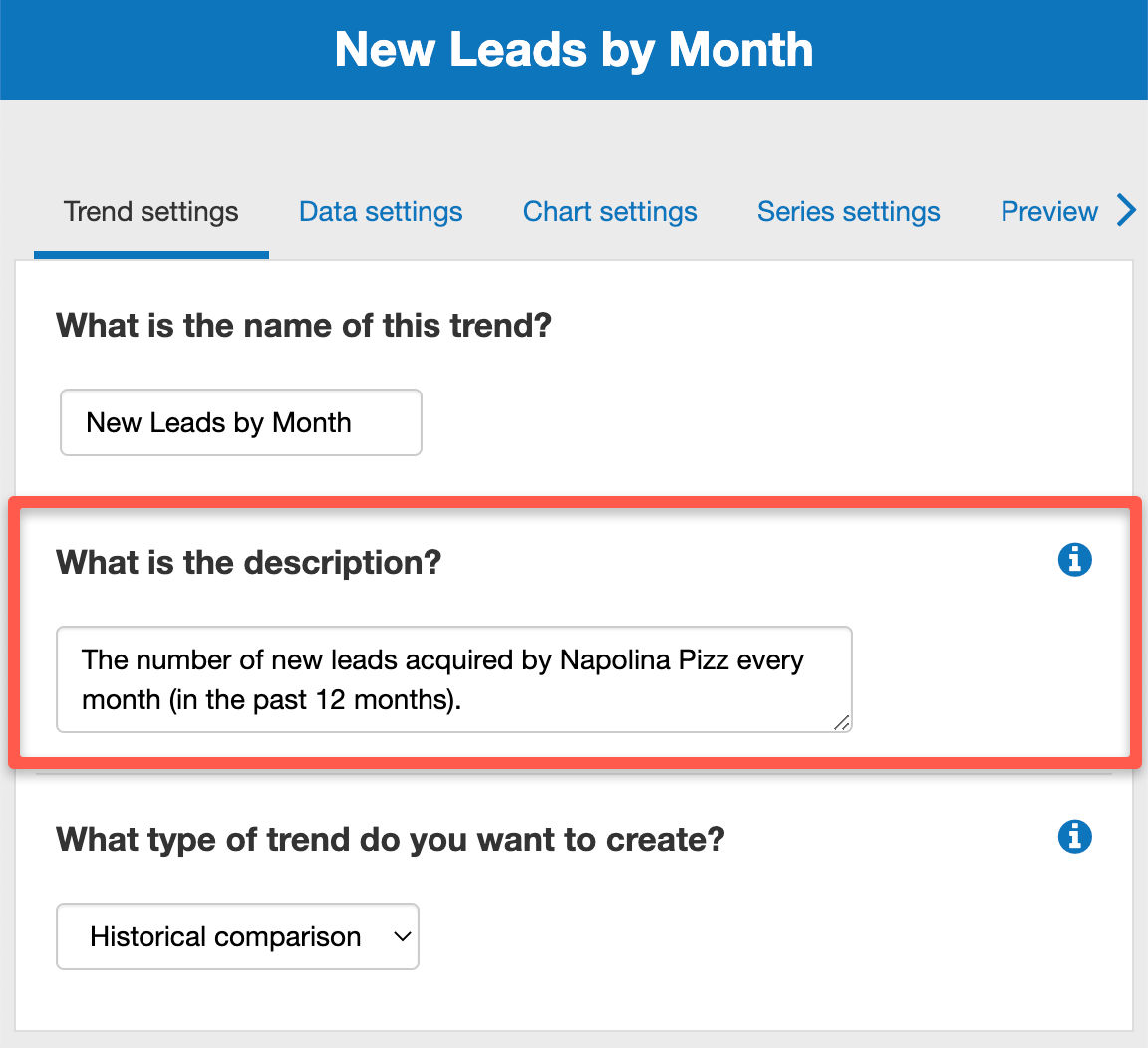 adding a new trend description in The Business Plan Shop's online software