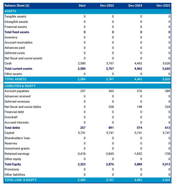 example of reptile farm startup projected balance sheet