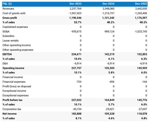 projected gastro pub startup income statement