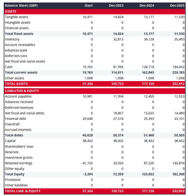 example of optician startup projected balance sheet